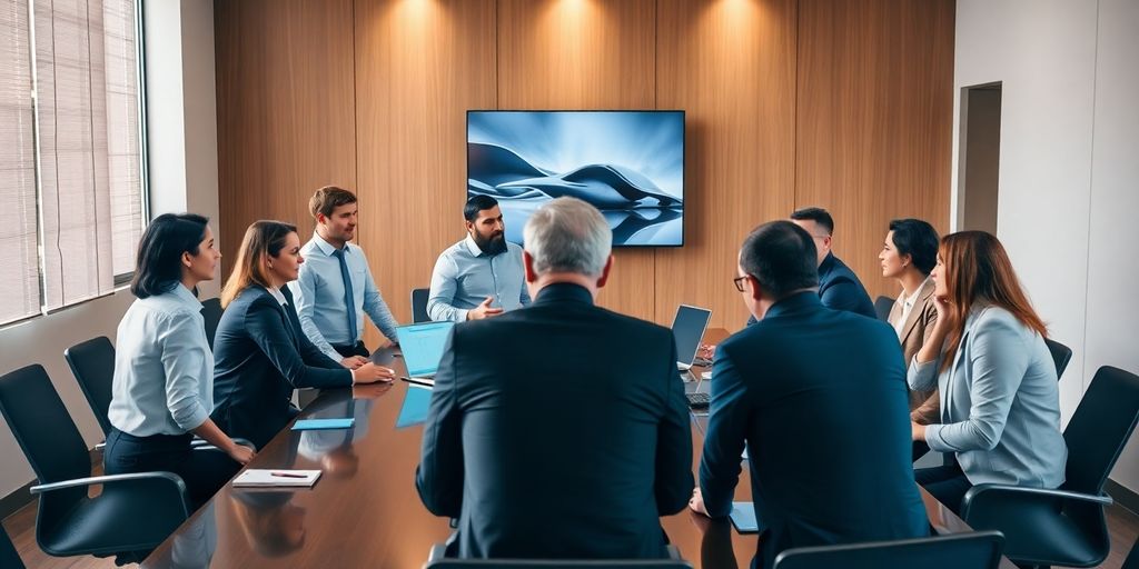 Salle de réunion avec des dirigeants en discussion.
