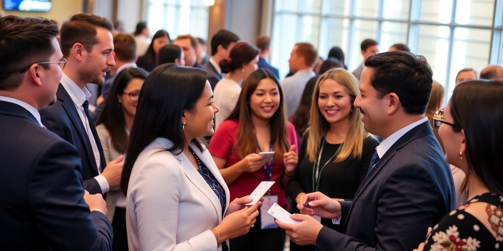 Diverse professionals networking at a business event.