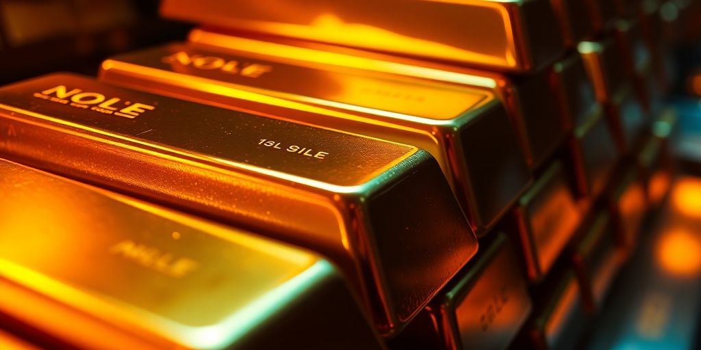 Lingots d'or brillants dans une chambre forte éclairée.