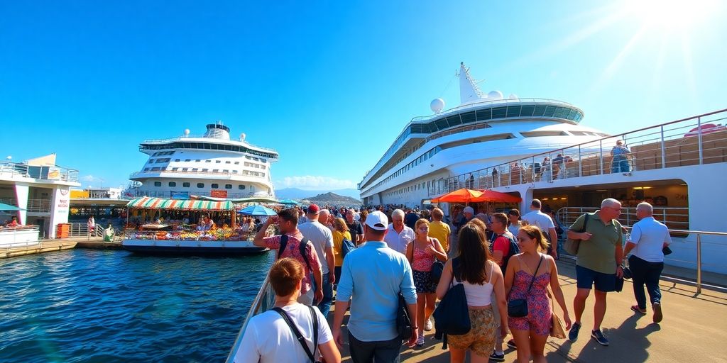 Cruise ship at port with tourists ready for adventures.