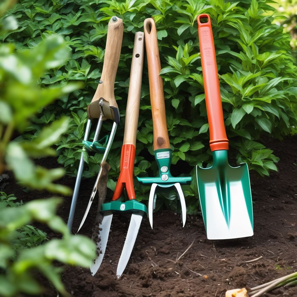high-quality garden tools for pruning, digging, and weeding, well-maintained, in a lush garden setting
