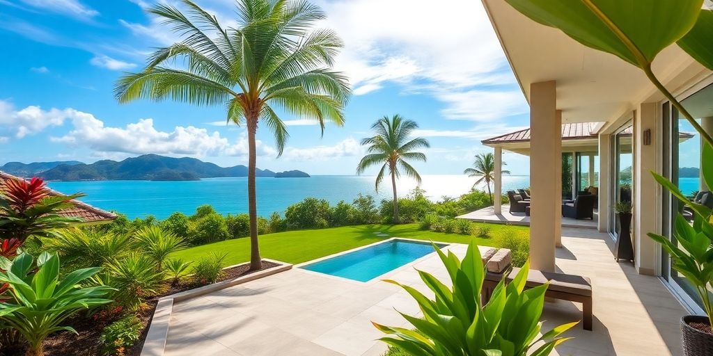 Luxurious Phuket property with tropical landscaping and ocean views.