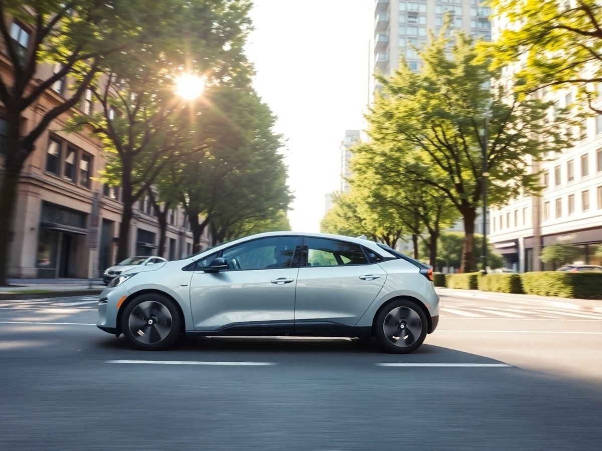 Mașină electrică modernă pe o stradă urbană europeană.