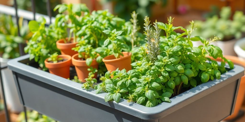 Balkonhochbeet mit vielfältigen Küchenkräutern