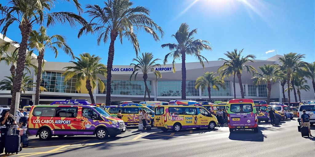 Colorful airport transportation with palm trees and travelers.