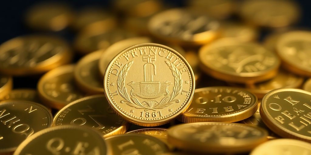 Montagne de pièces d'or brillantes, avec une pièce d'un Napoléon en avant-plan.