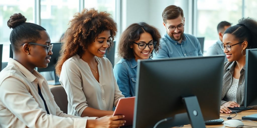 Tech professionals connecting people with computers.