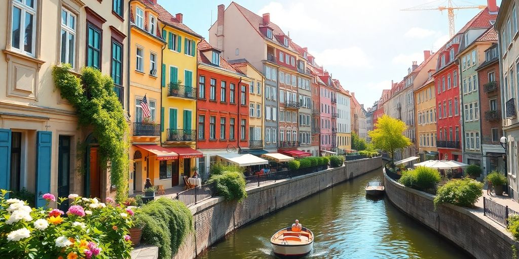European cityscape with canal and colorful buildings.