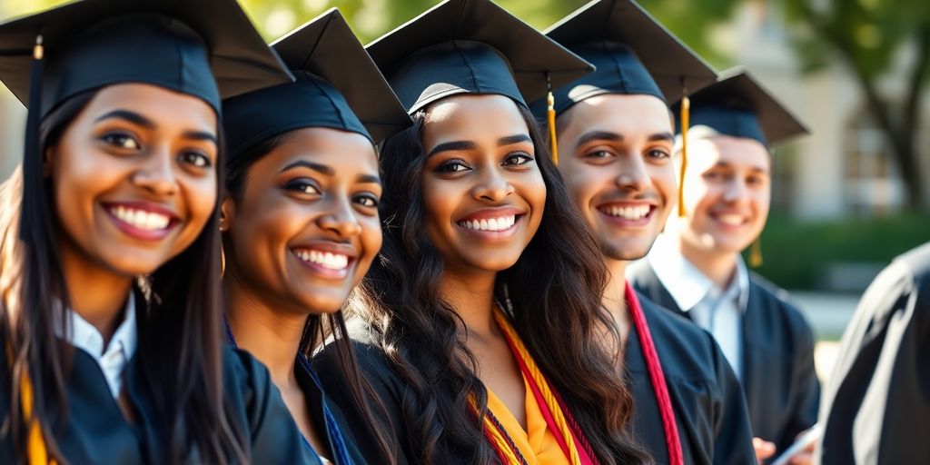 Diverse graduates smiling, wearing caps and gowns outdoors.