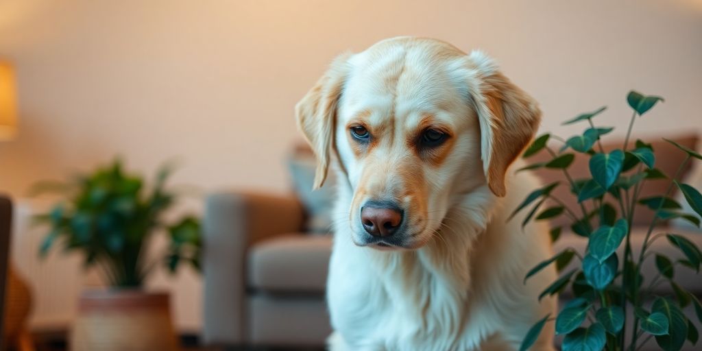 Dog stands near houseplant, looking guilty.