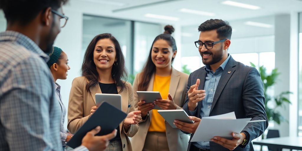 Diverse professionals collaborating in a modern office setting.