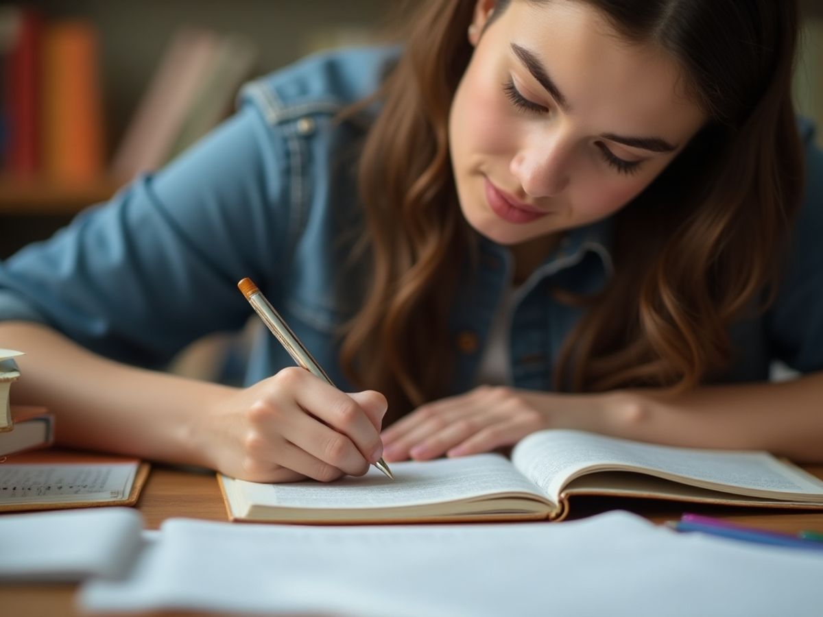 Student writing in a notebook with books around.