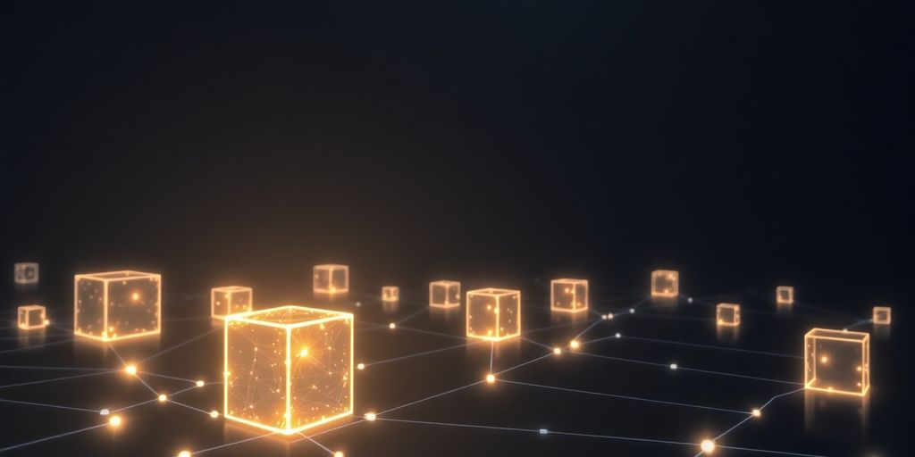 Interconnected glowing blocks in a secure, digital landscape.