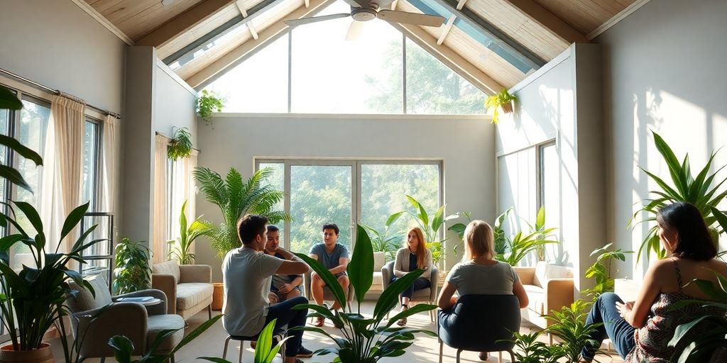 Group therapy session in a supportive recovery space.