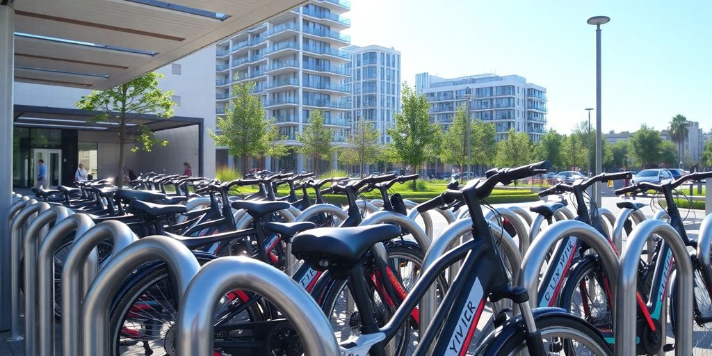 Bikes parked securely in a public bike rack.