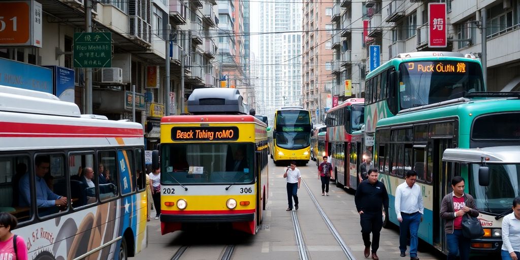 Busy Hong Kong street with trams and pedestrians.