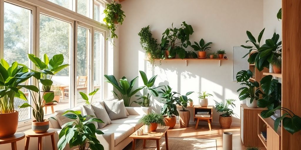 Lush plants in a modern, bright living room.
