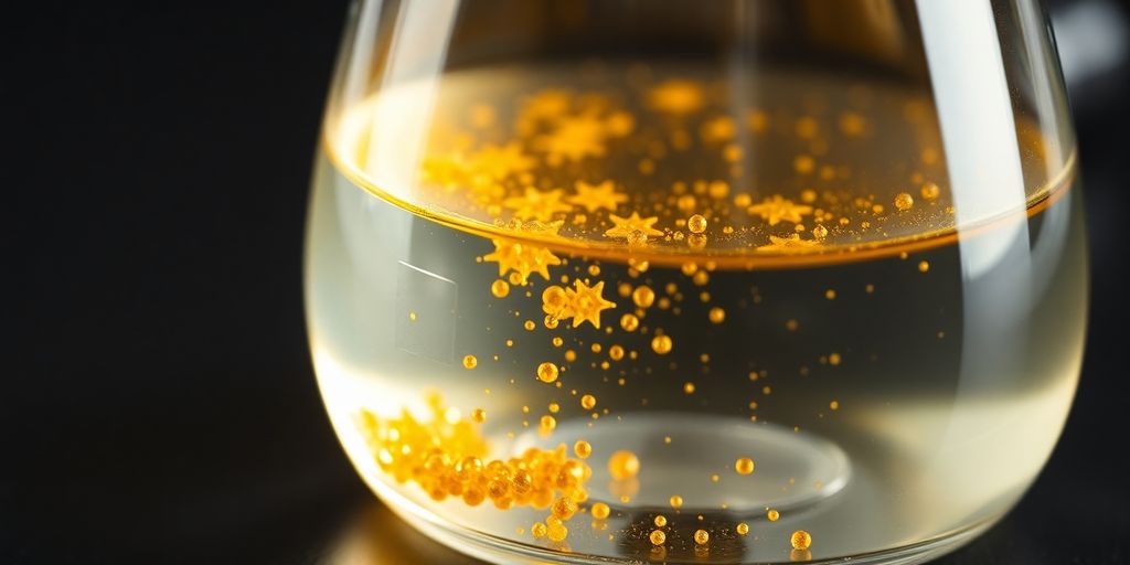 Bouteille en verre avec liquide doré et catalyseur