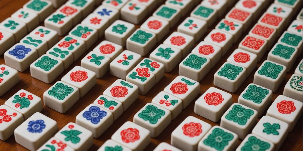 Mahjong honor tiles on wooden surface