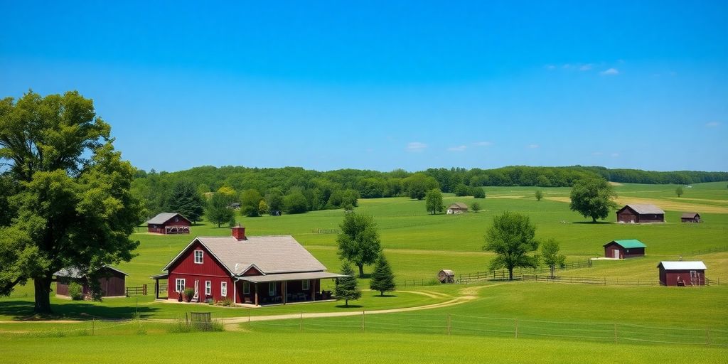 Rural farmhouse in a green landscape under a blue sky.