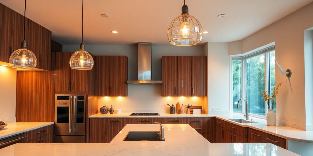 Modern kitchen with elegant overhead lights and under-cabinet lighting.