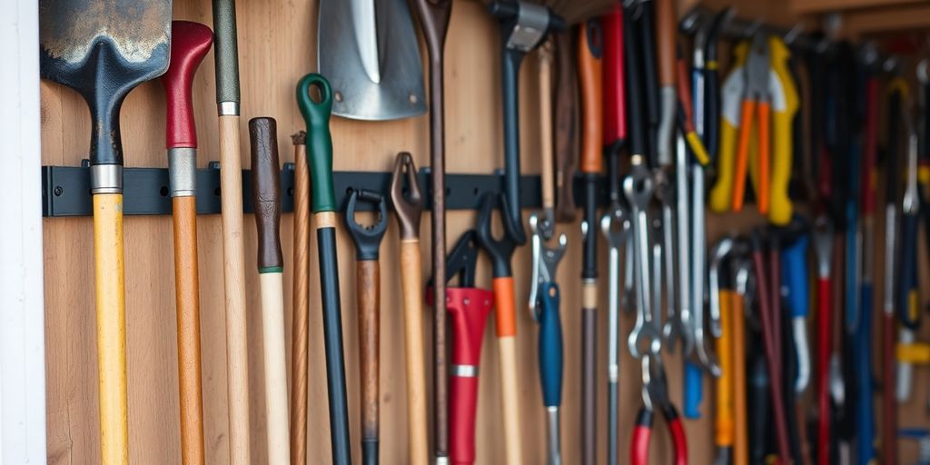 Tools neatly hanging on a shed wall.
