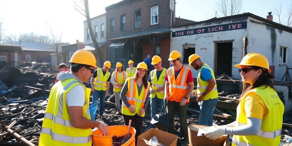 Volunteers assisting fire damage cleanup in a community.