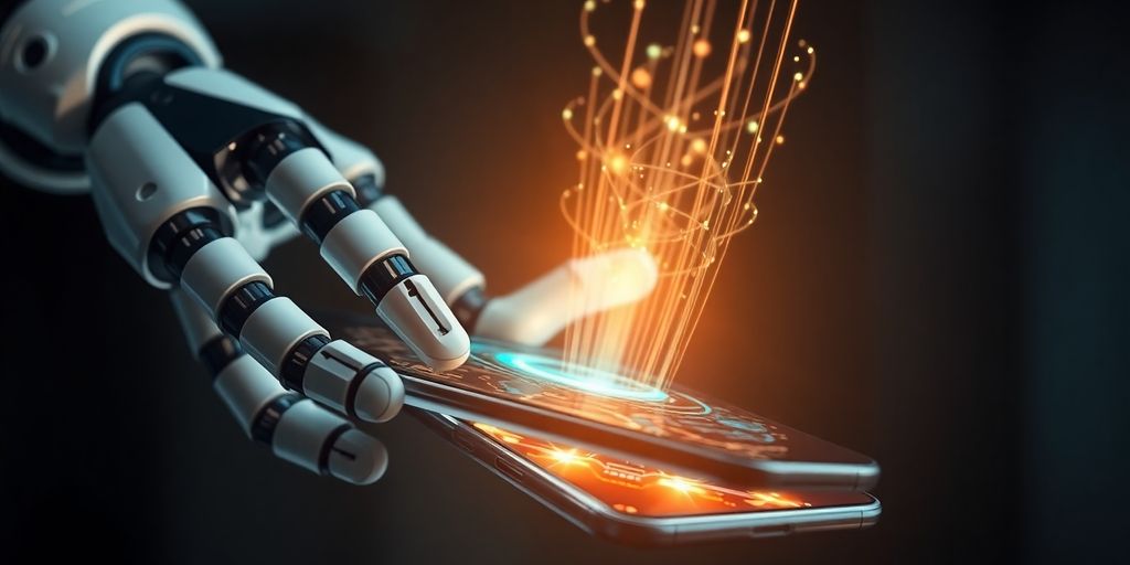 Robot hand holds modern smartphone with holographic interface.