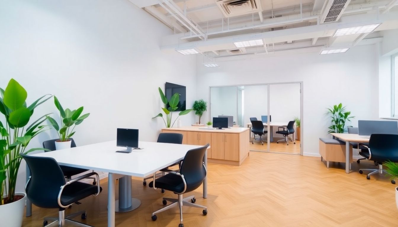 Modern office with new furniture and plants.