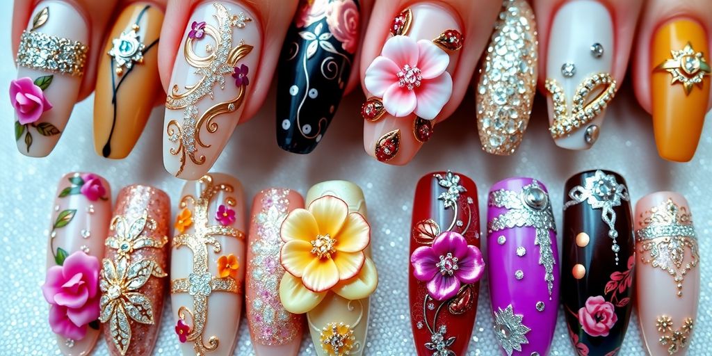 Colorful decorated nails for special occasions.