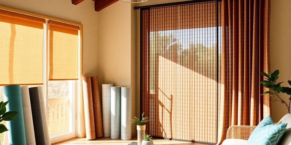 Various roll of screen materials displayed in a room.