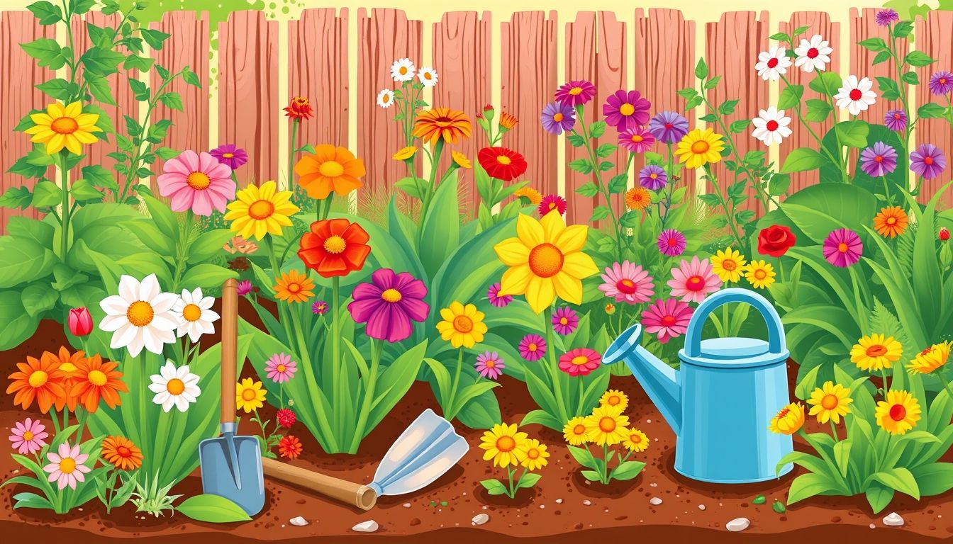 Illustrative garden with flowers, plants, and gardening tools.