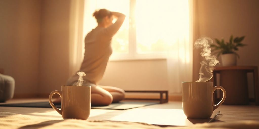 Sunrise through window, warm light on cozy room.