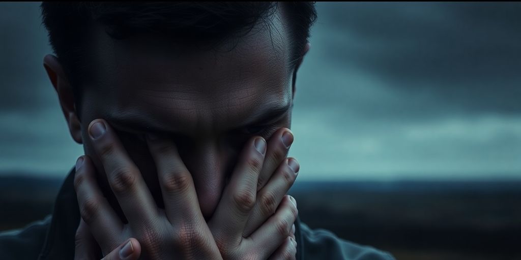 Homem, rosto, mãos, genitália, paisagem, cores escuras.