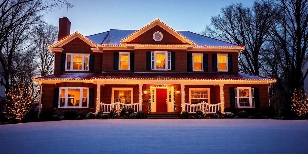 Professionally installed Christmas lights on a home exterior.