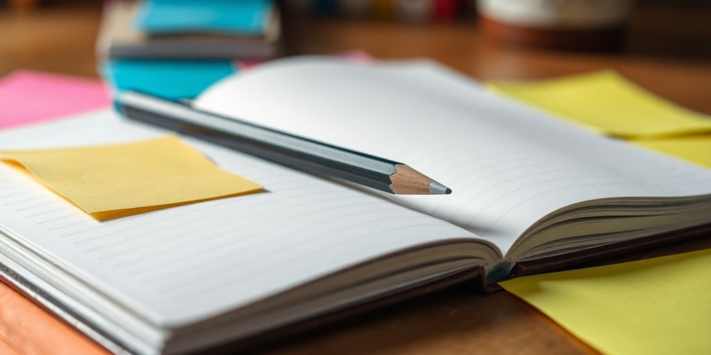 Notebook and pencil with sticky notes on a desk.