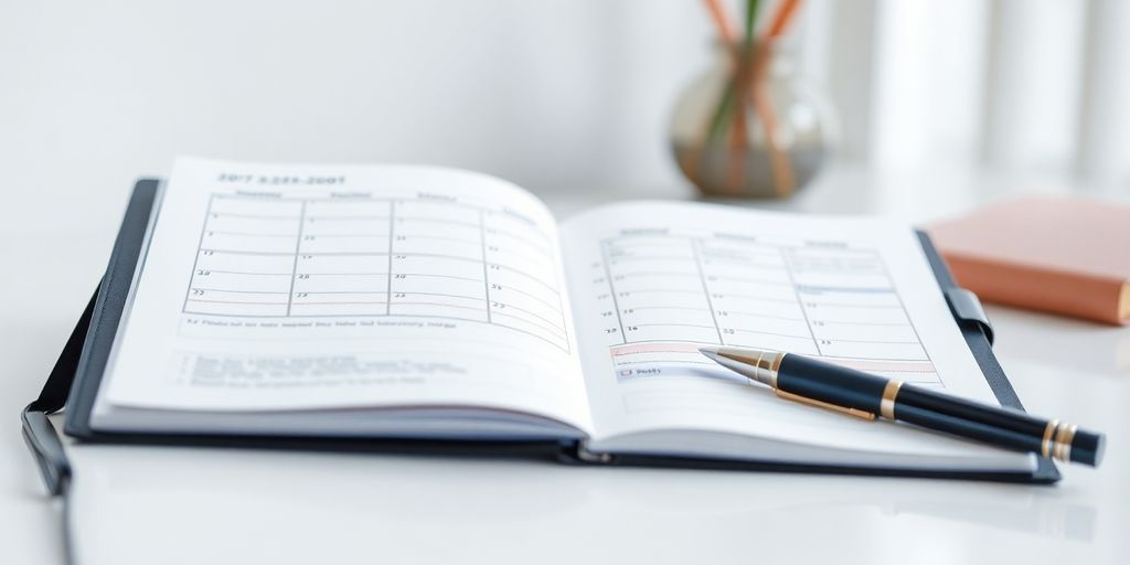 Open planner and a pen, on a desk.