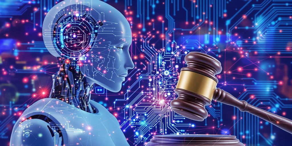 Robot and gavel intertwined, reflecting AI and copyright debate.