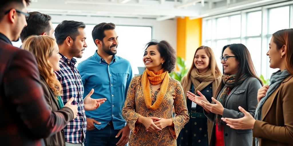 Diverse group communicating in a bright, modern workspace.