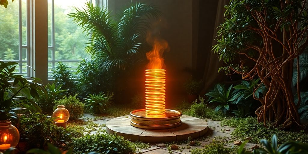 Glowing Tesla coil in a tranquil garden setting.