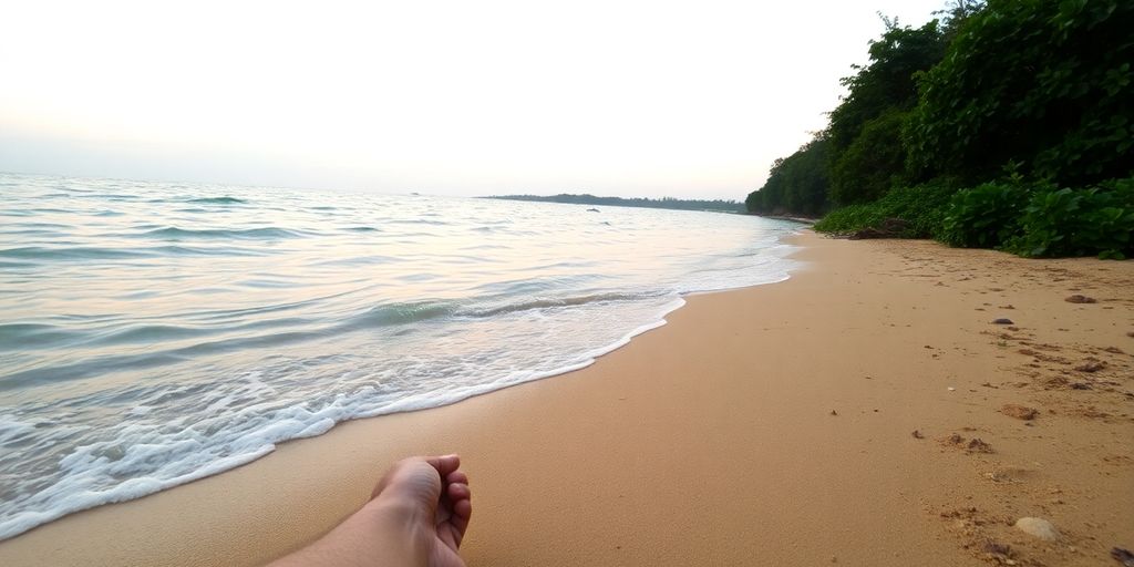 Person relaxing peacefully by calm water.