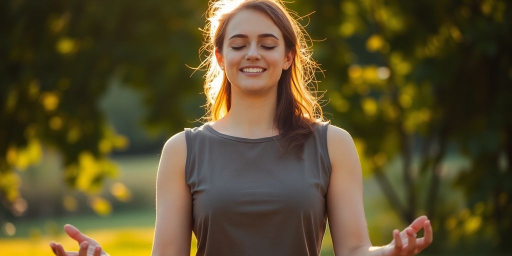Person meditating peacefully outdoors, golden hour light.