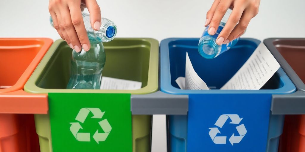 Hands sorting recyclables into bins.