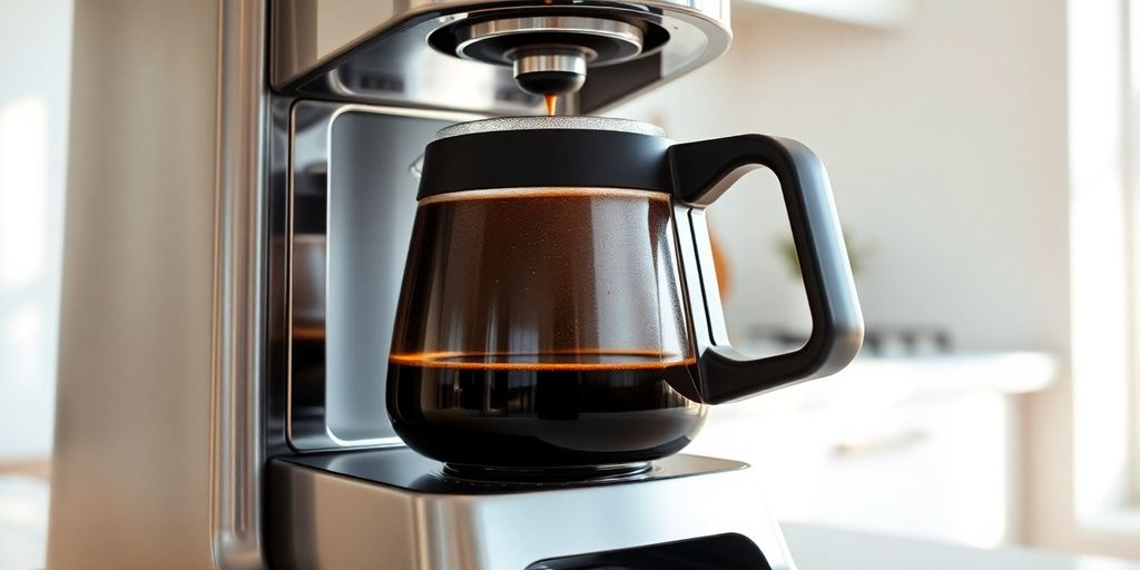 Sleek, modern coffee maker brewing in a minimalist kitchen.