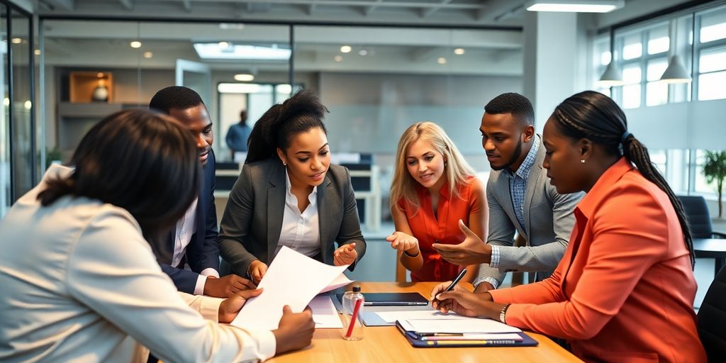 Diverse team collaborating in a modern office setting.