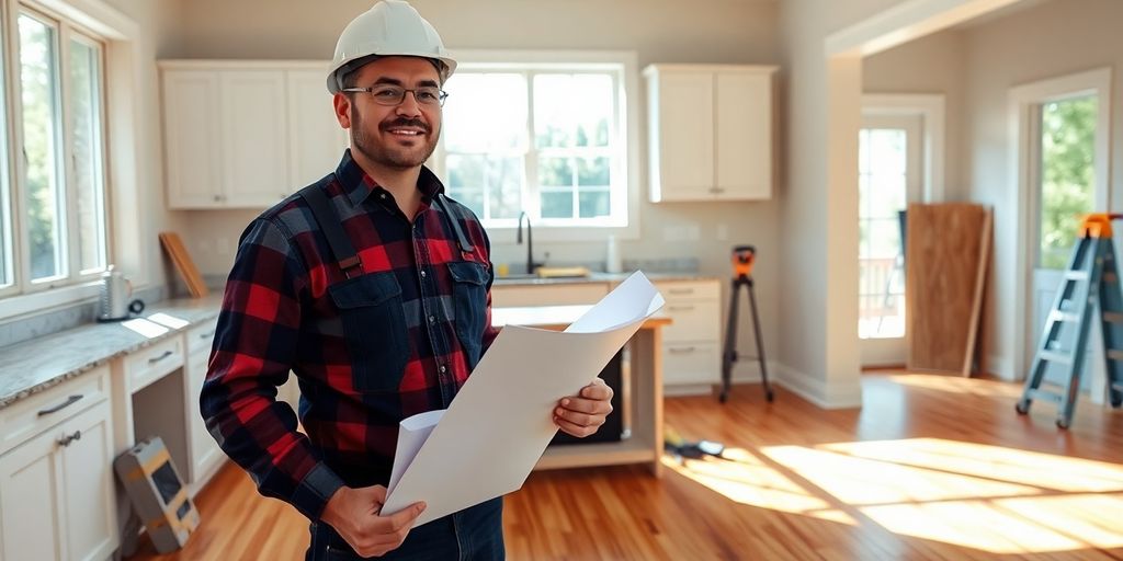 Contractor reviewing blueprints inside a remodeled home.
