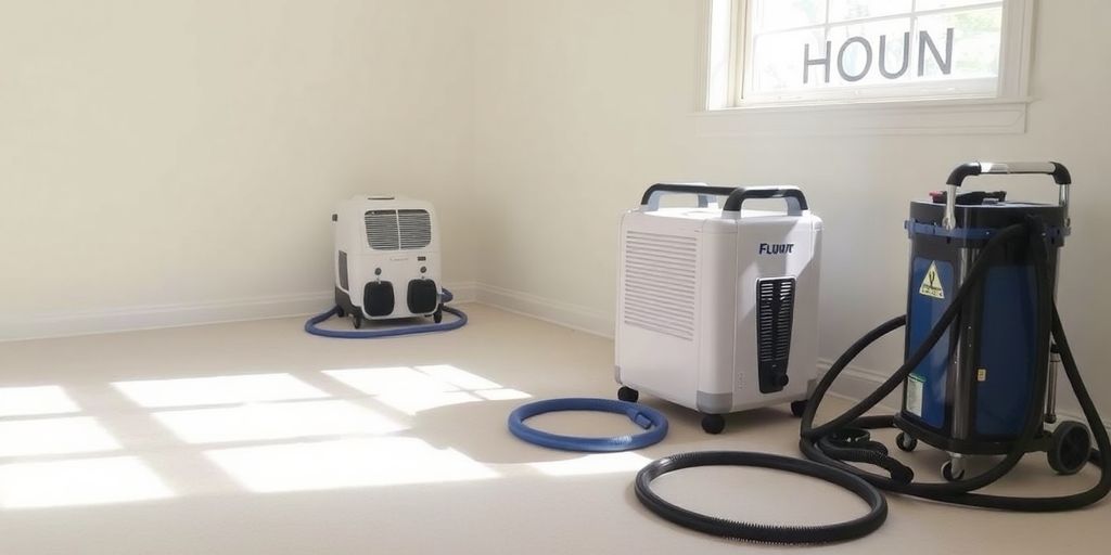 Room with water restoration equipment and tools.