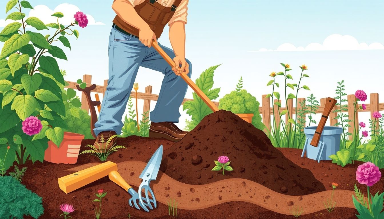 Gardener tilling soil in a garden bed