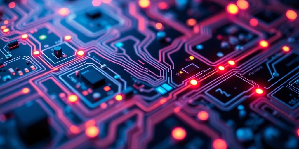 Futuristic circuit board with glowing connections representing AI.