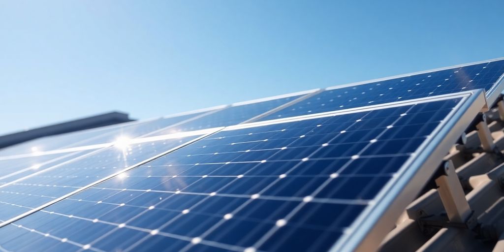 Industrial solar panels under sunlight on a rooftop.